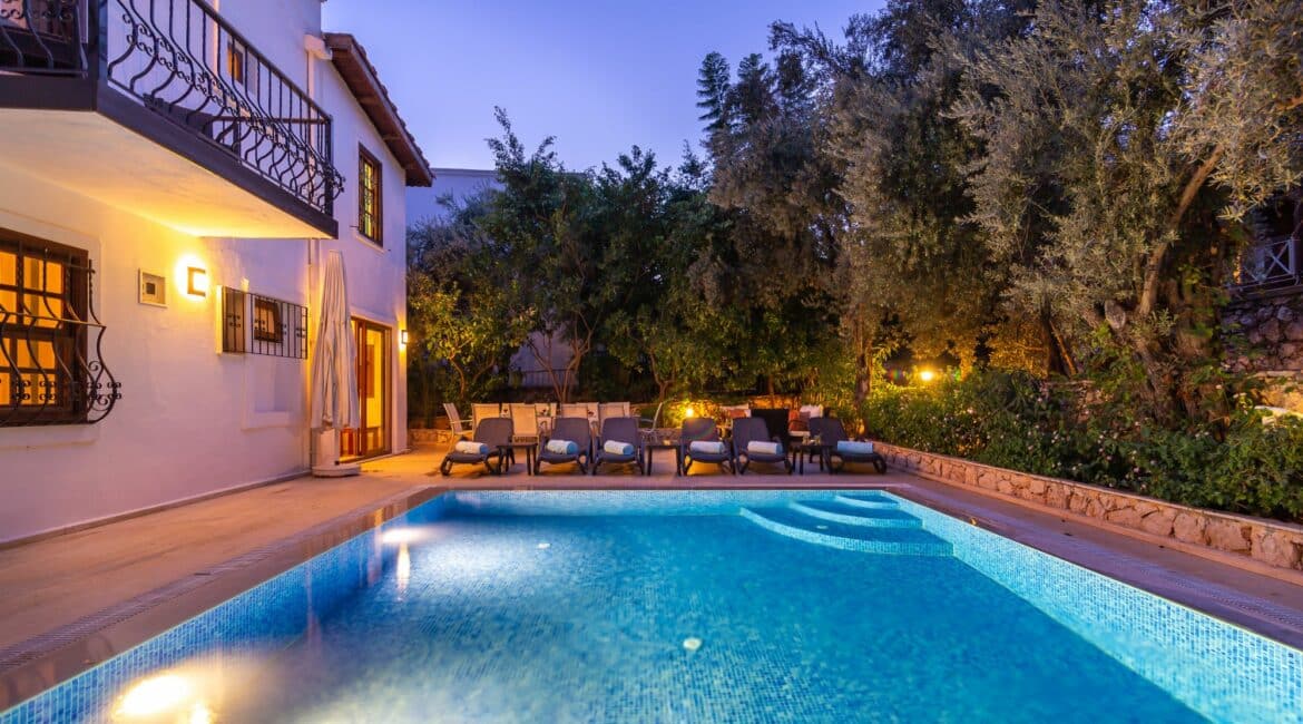 Villa Likya Kalkan swimming pool and surrounding terraces by night