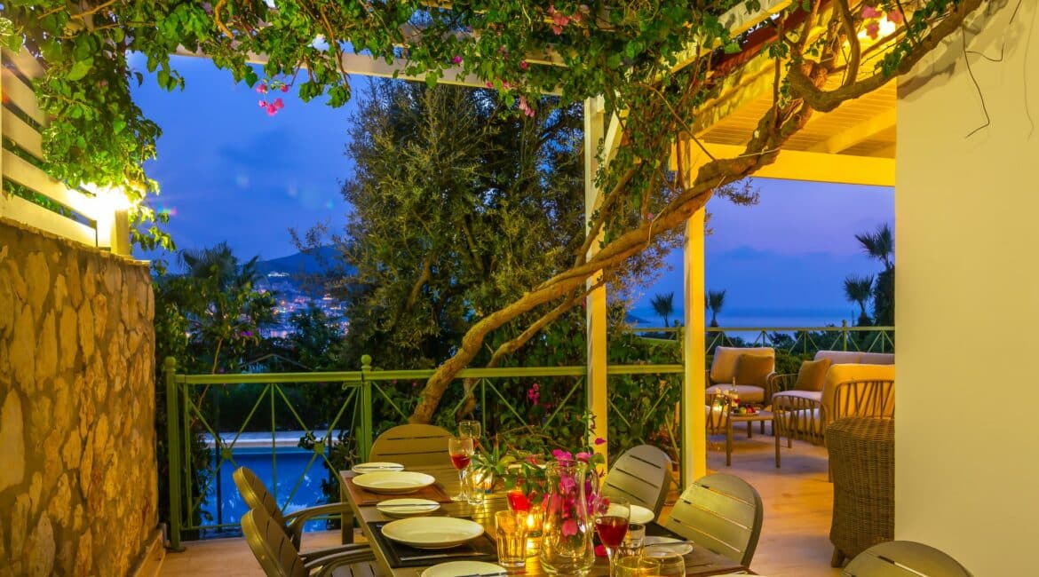 Yesil Ev Villa in Kalkan alfresco dining area at dusk