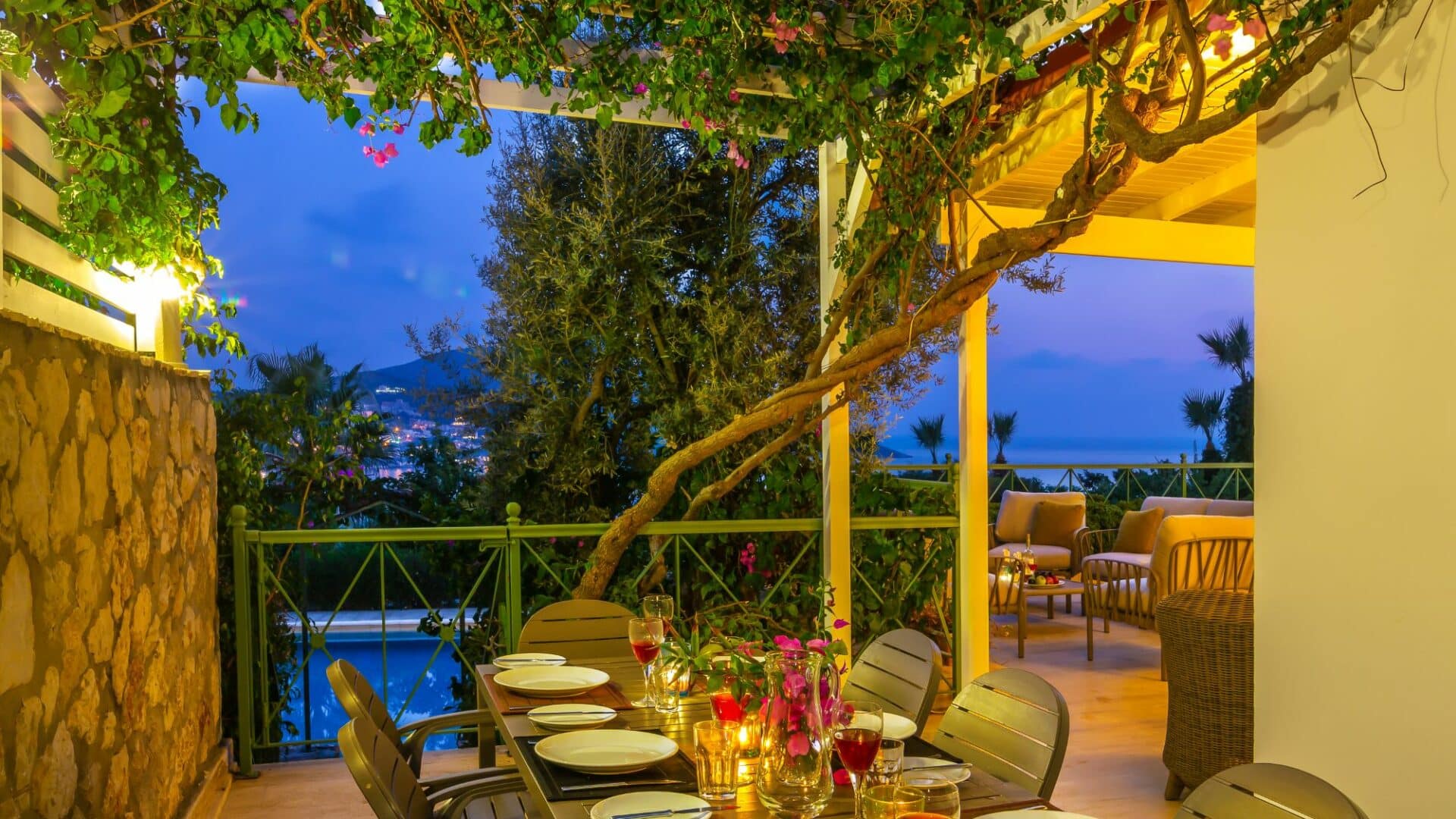 Yesil Ev Villa in Kalkan alfresco dining area at dusk