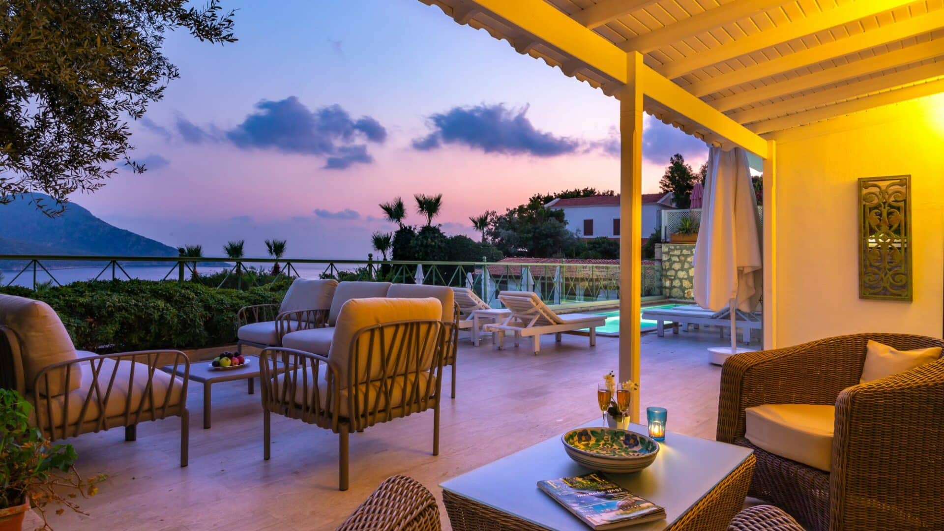 Yesil Ev Villa in Kalkan alfresco seating area by night