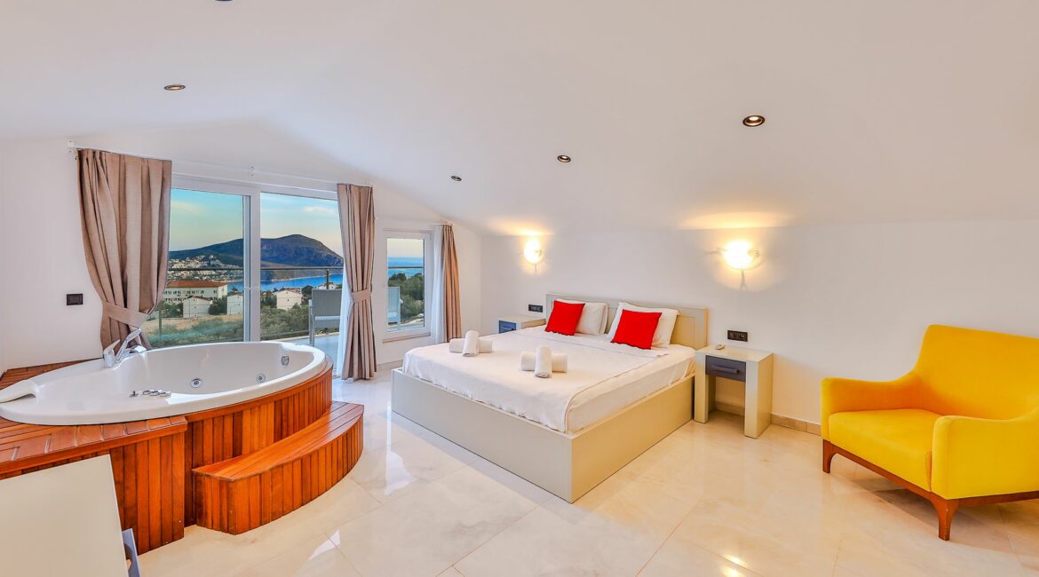 Elif Villas general double bedroom with whirpool bath and sea views