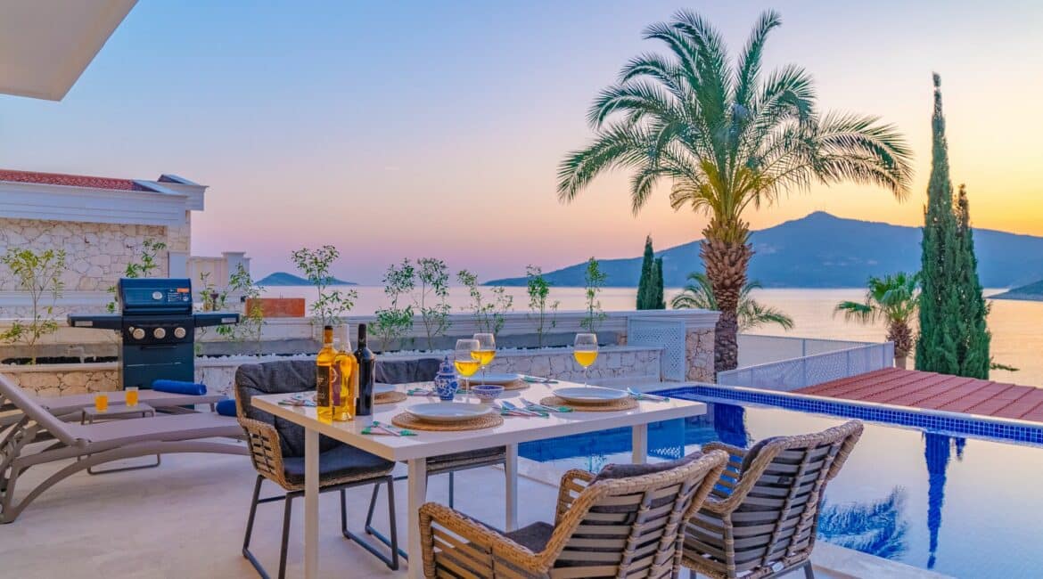 Villa Bahce Kalkan alfresco dining terrace with sunset views