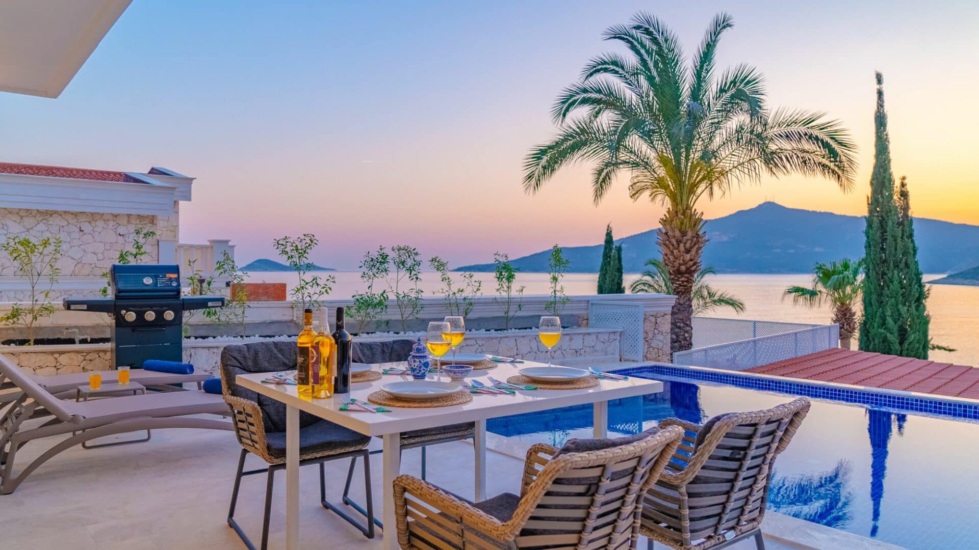 Villa Bahce Kalkan alfresco dining terrace with sunset views