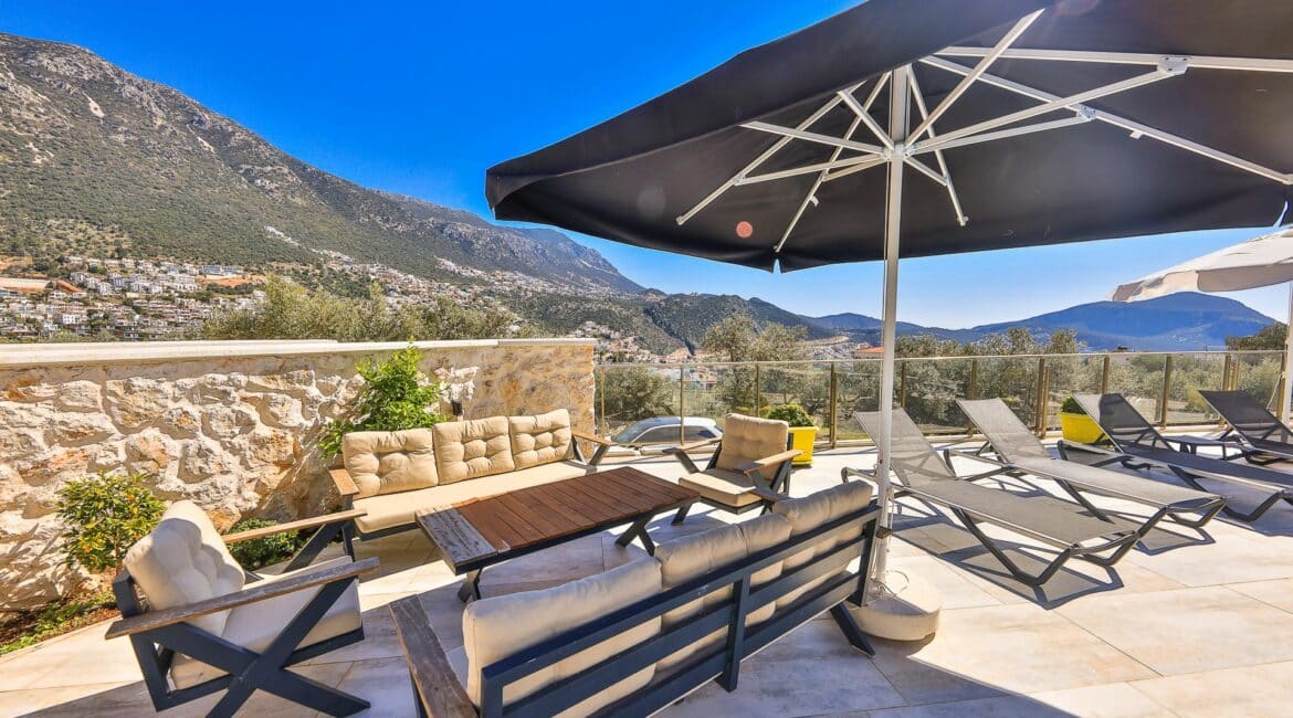 Villa Elia Kalkan comfy seating area under the shade of a pergola