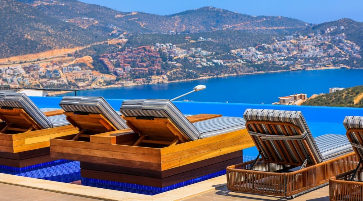 Villa Overseas Kalkan day beds and Kalkan bay views