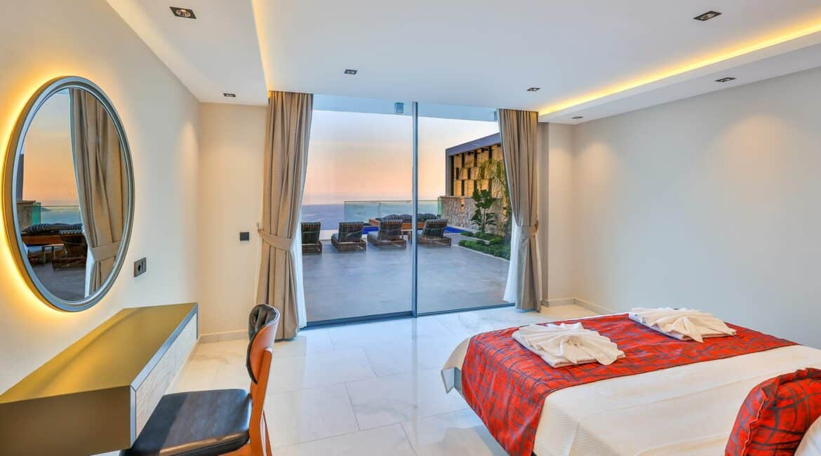 Villa Overseas Kalkan double bedroom with sea views from the bed