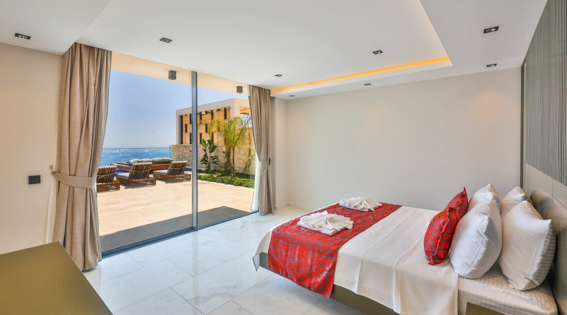 Villa Overseas Kalkan modern double bedroom with access onto the pool terrace