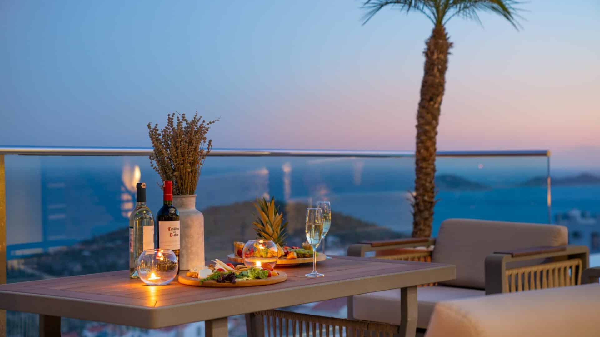 Villa Aslan Kalkan alfresco dining area and dusty pink skies