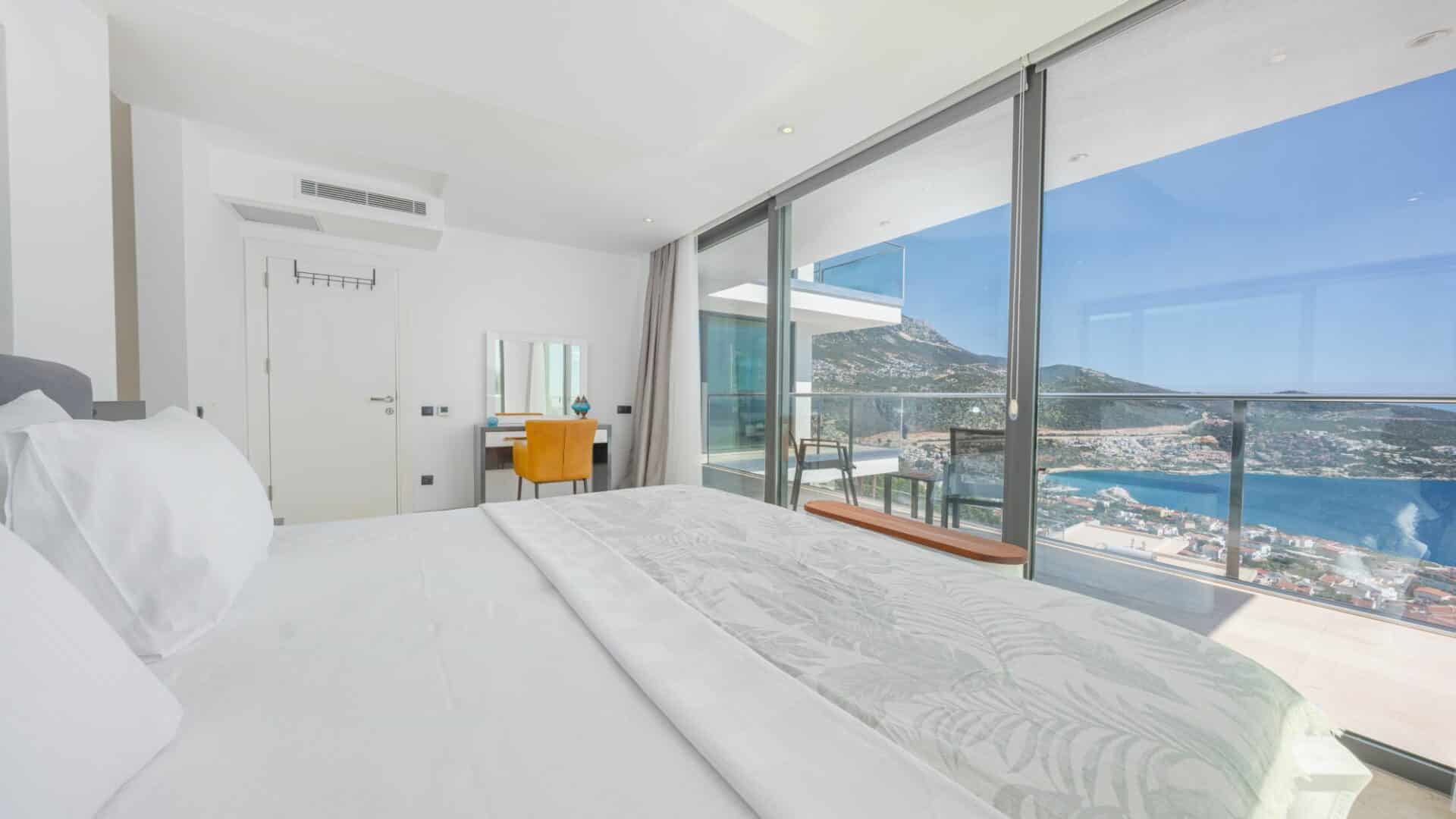 Villa Aslan Kalkan double bedroom with balcony and sea views