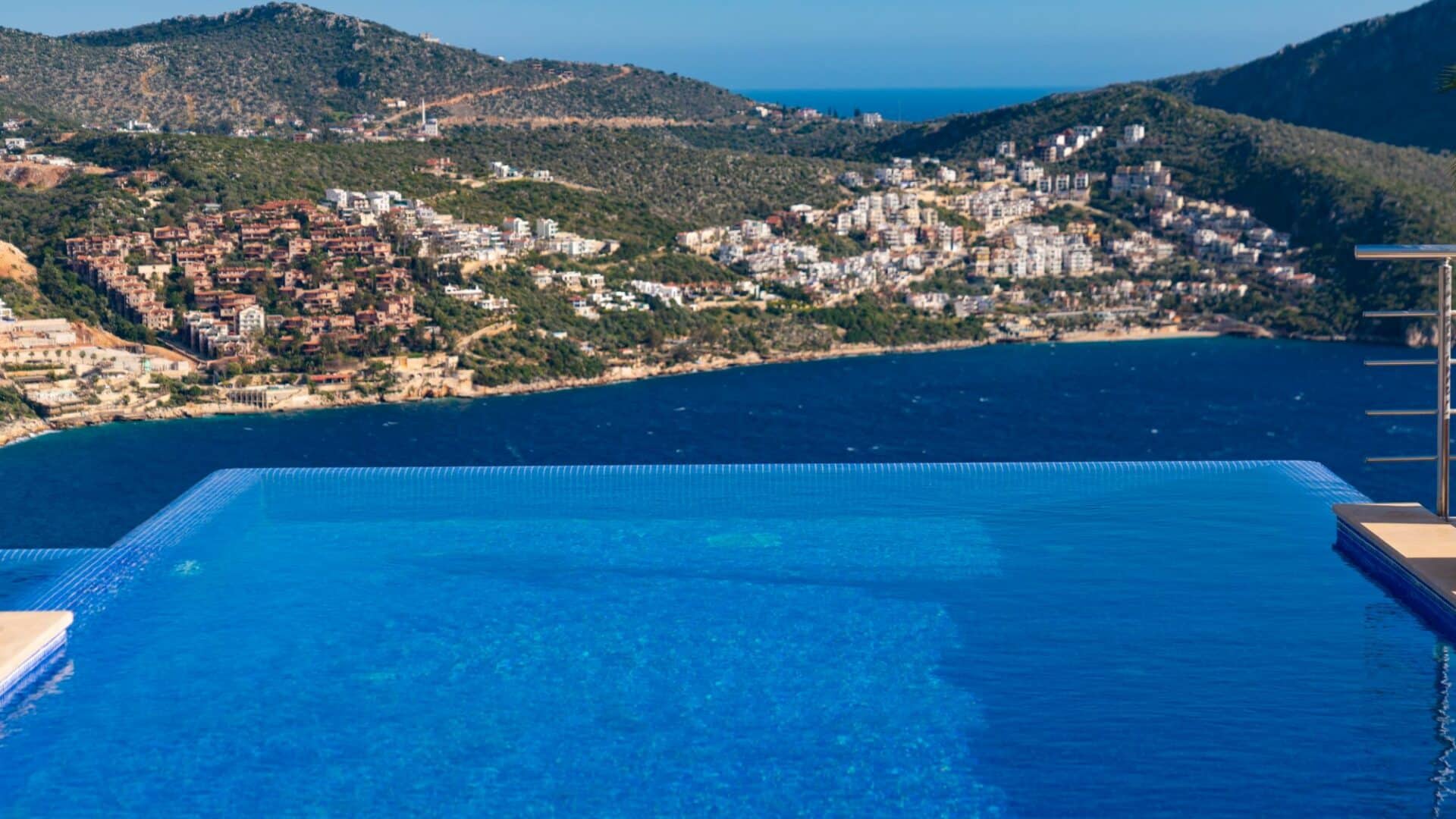 Villa Aslan Kalkan swimming pool and glorious views out to sea over the bay of Kalkan