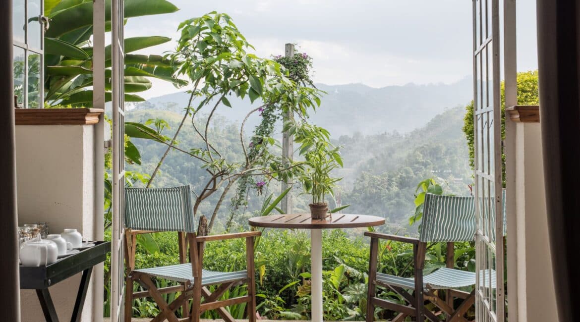Nine Skies Welimada Demodera Bedroom stunning terrace with garden and plantation views