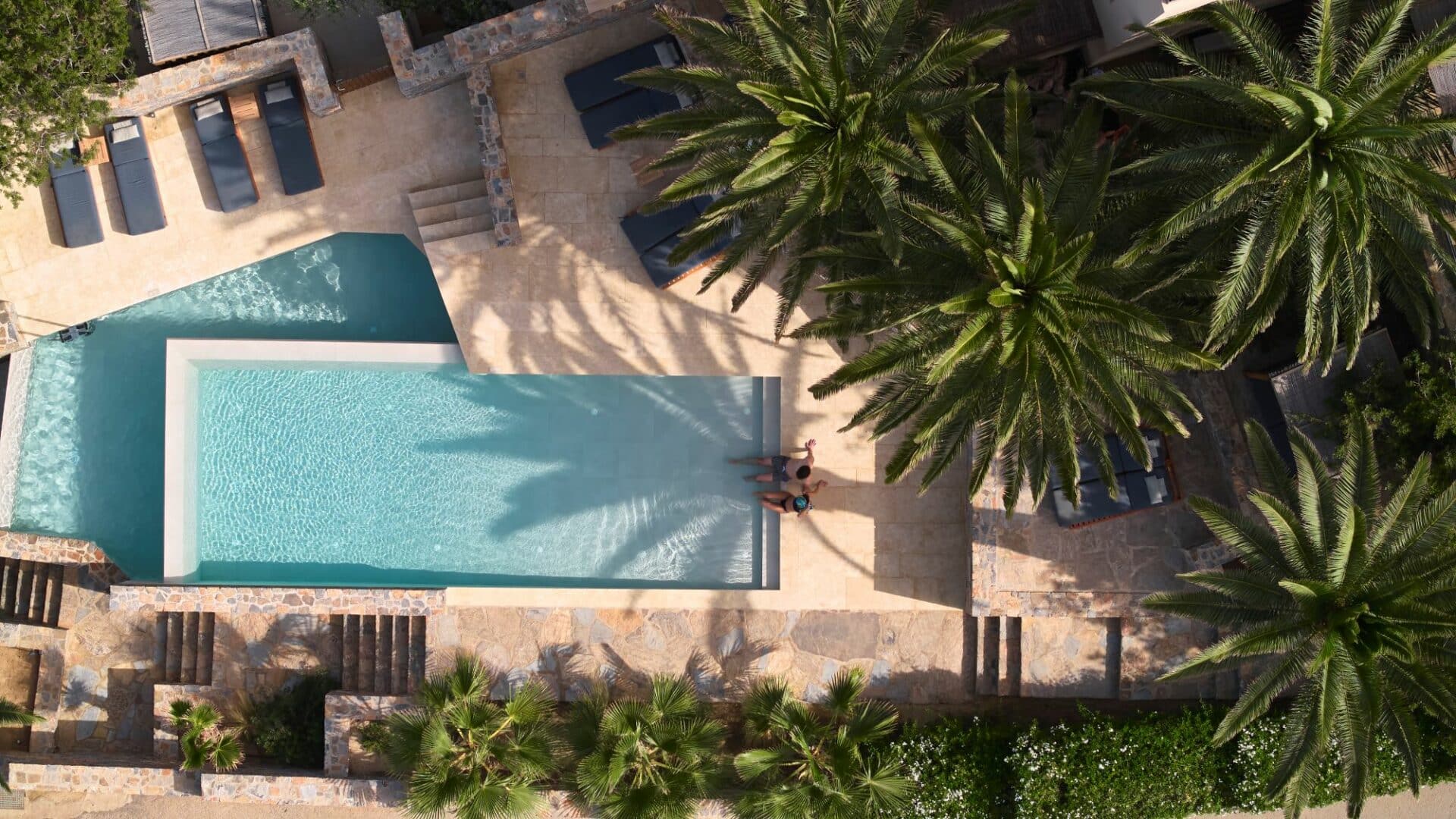 Paralos Irini Mare Agia Galini Crete aerial footage of swimming pool and gardens