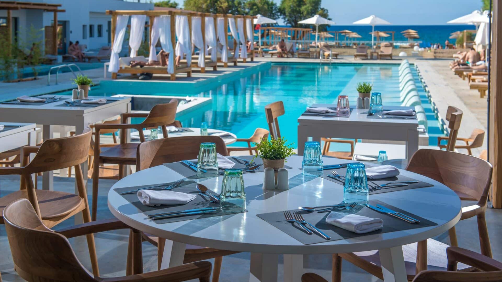 Paralos Lifestyle Beach Crete main restaurant with pool and sea views