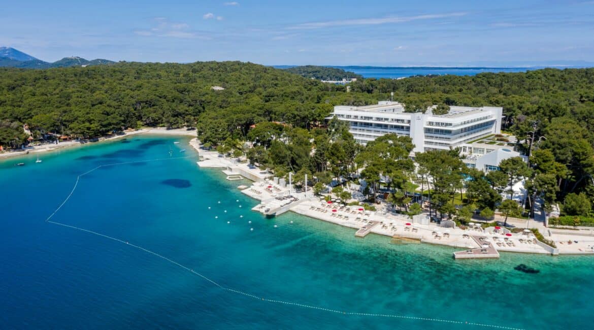 Bellevue Hotel exterior and crystal clear blue sea Losinj Croatia