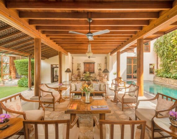 Stunning exteriors of ISHQ Colombo, Sri Lanka – boutique hotel with tranquil pool and open-air sitting areas, offering refined luxury near the heart of the city.