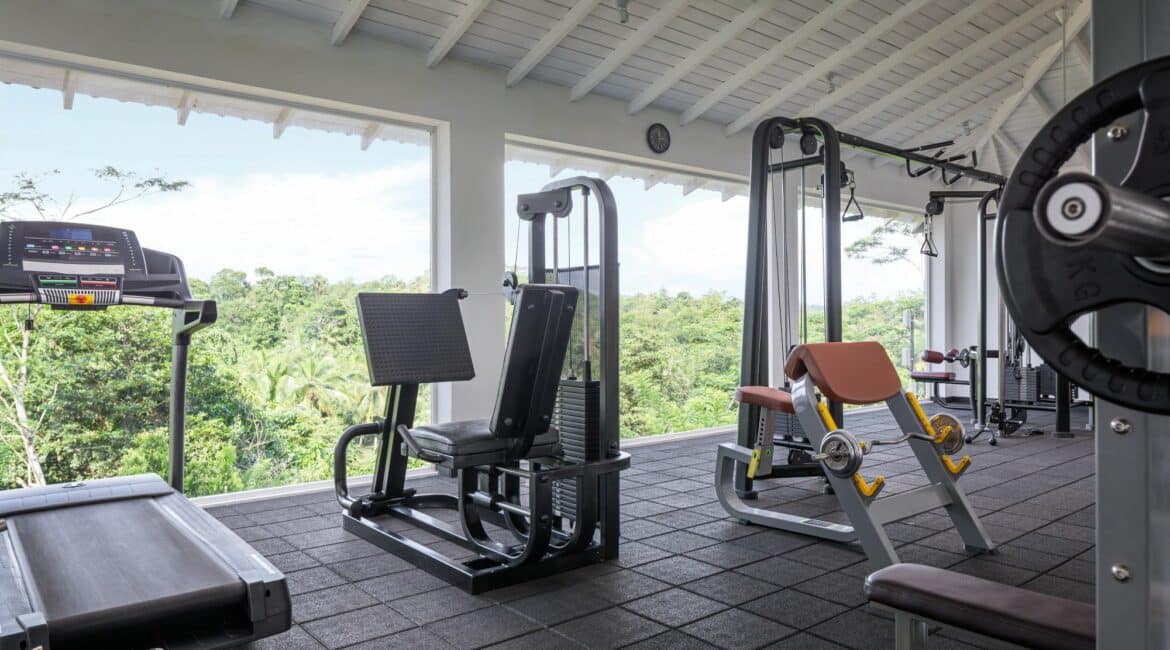 Kahanda Kanda gym with modern equipment and jungle views