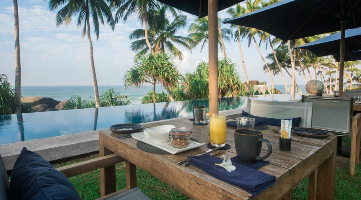 Kumu Beach Balapitiya Sri Lanka dining next to the swimming pool