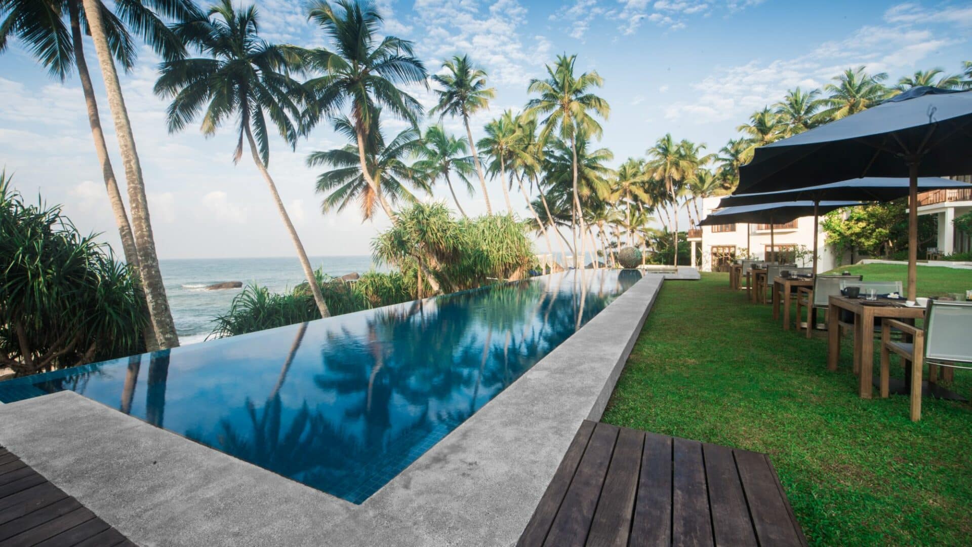 Kumu Beach Balapitiya Sri Lanka stunning lengthy infinity pool facing the indian ocean