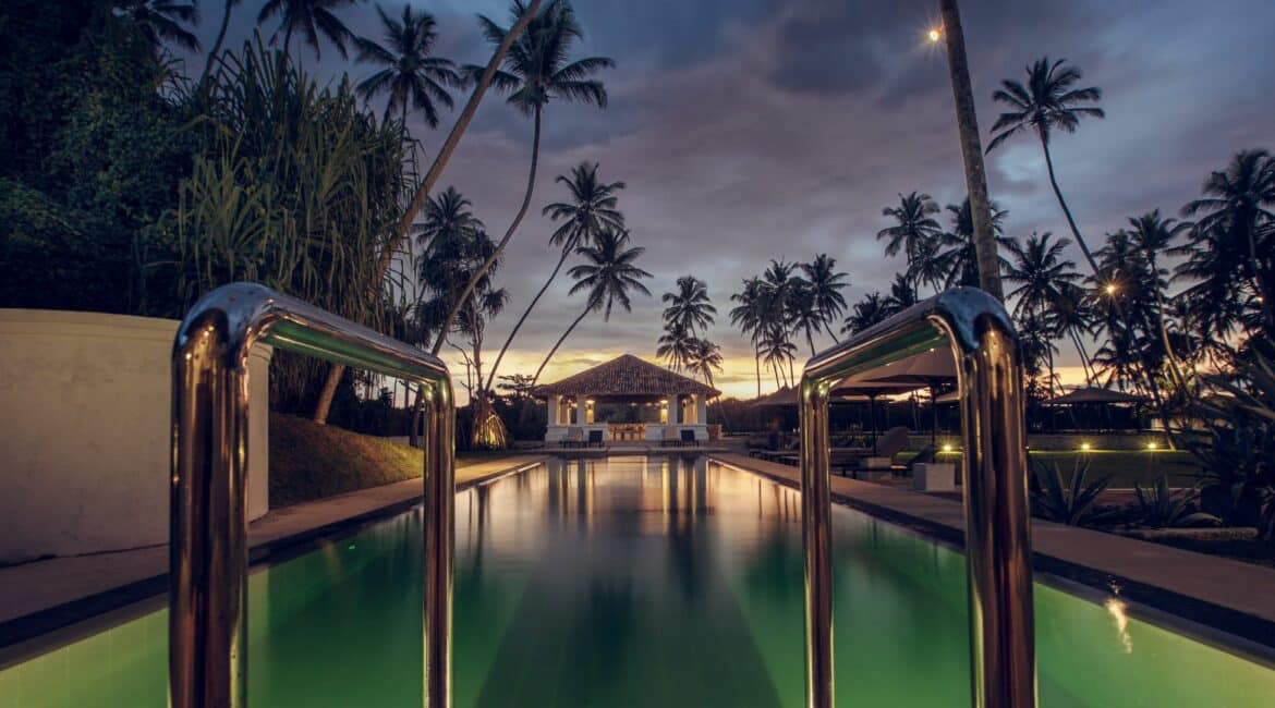 The Villa Bentota main swimming pool by sunset