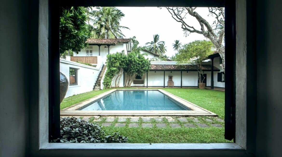The Villa Bentota view of the pool and courtyard from the lobby