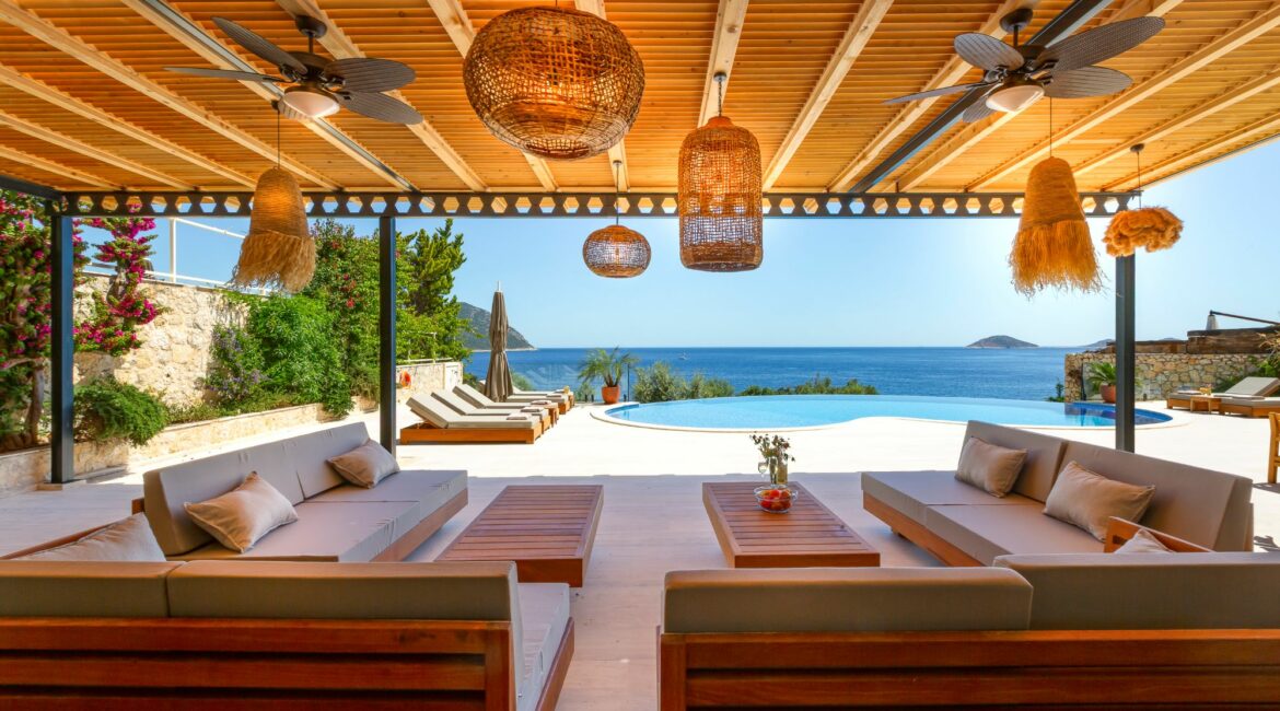 Villa Guney Exclusive 5 bedroom villa Kalamar Bay Kalkan enormous furnished terraces with pool and sea views