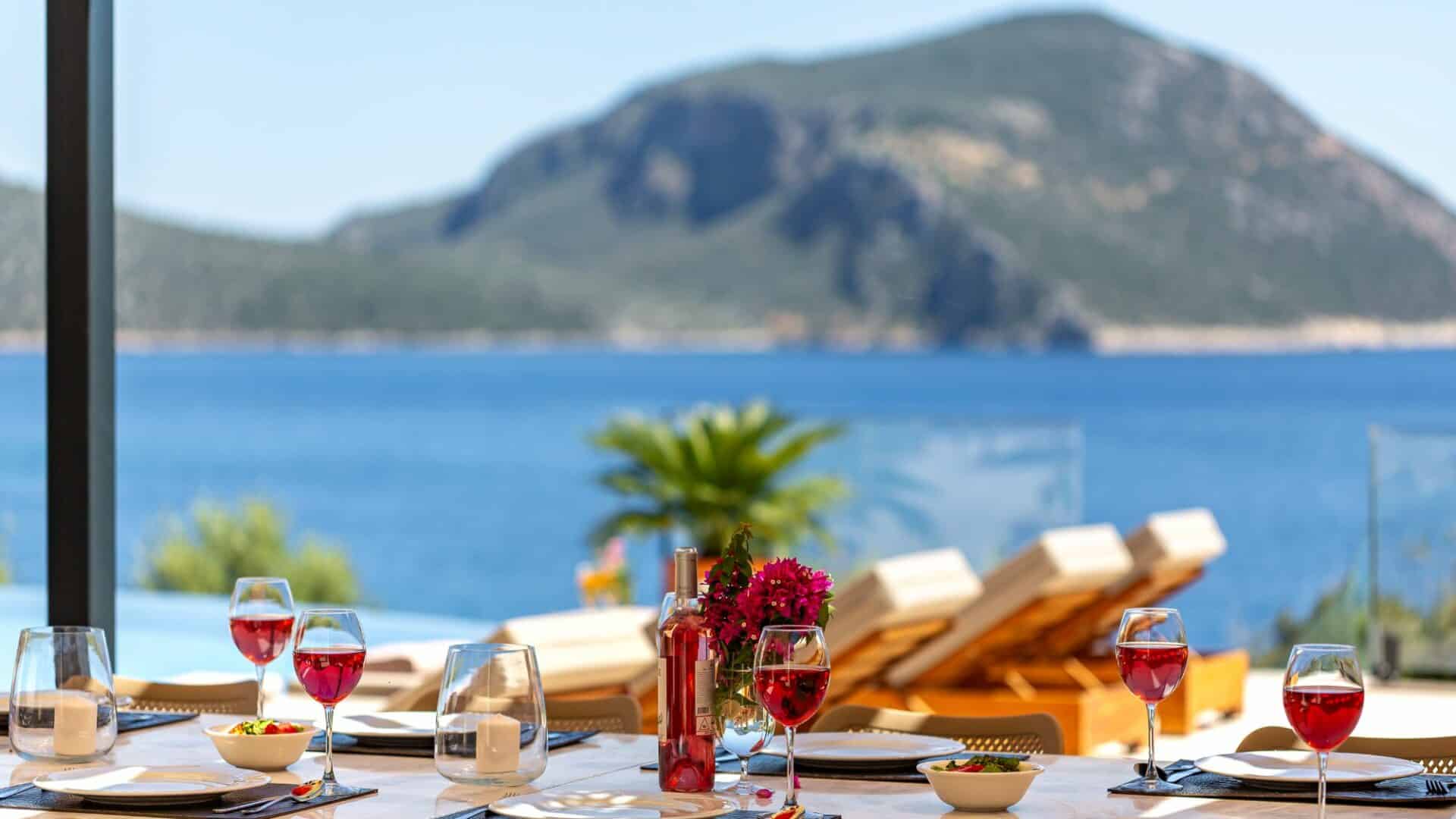 Villa Guney Exclusive 5 bedroom villa Kalamar Bay Kalkan wonderful outside dining area with the sea as a backdrop