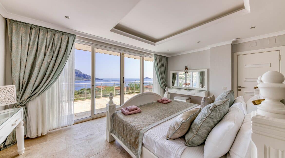 Villa Oasis Kalkan Maste Bedroom and views out to sea
