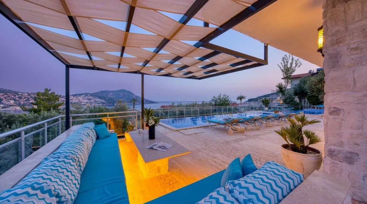 Villa Oasis Kalkan alfresco seating area at dusk