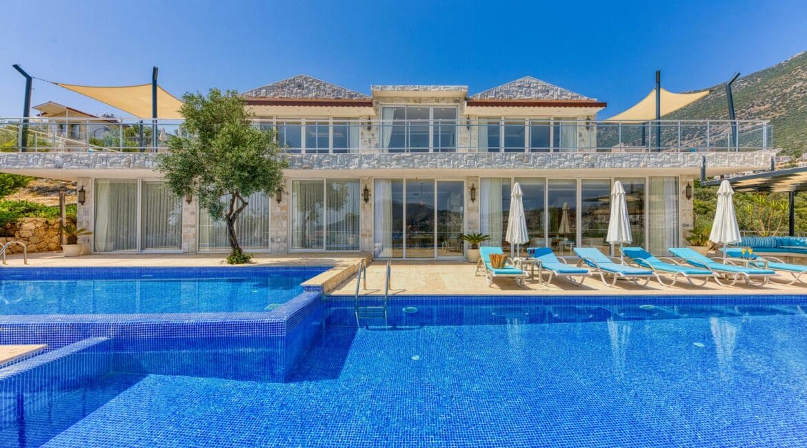 Villa Oasis Kalkan exterior of the villa with the pools sitting in front of the property