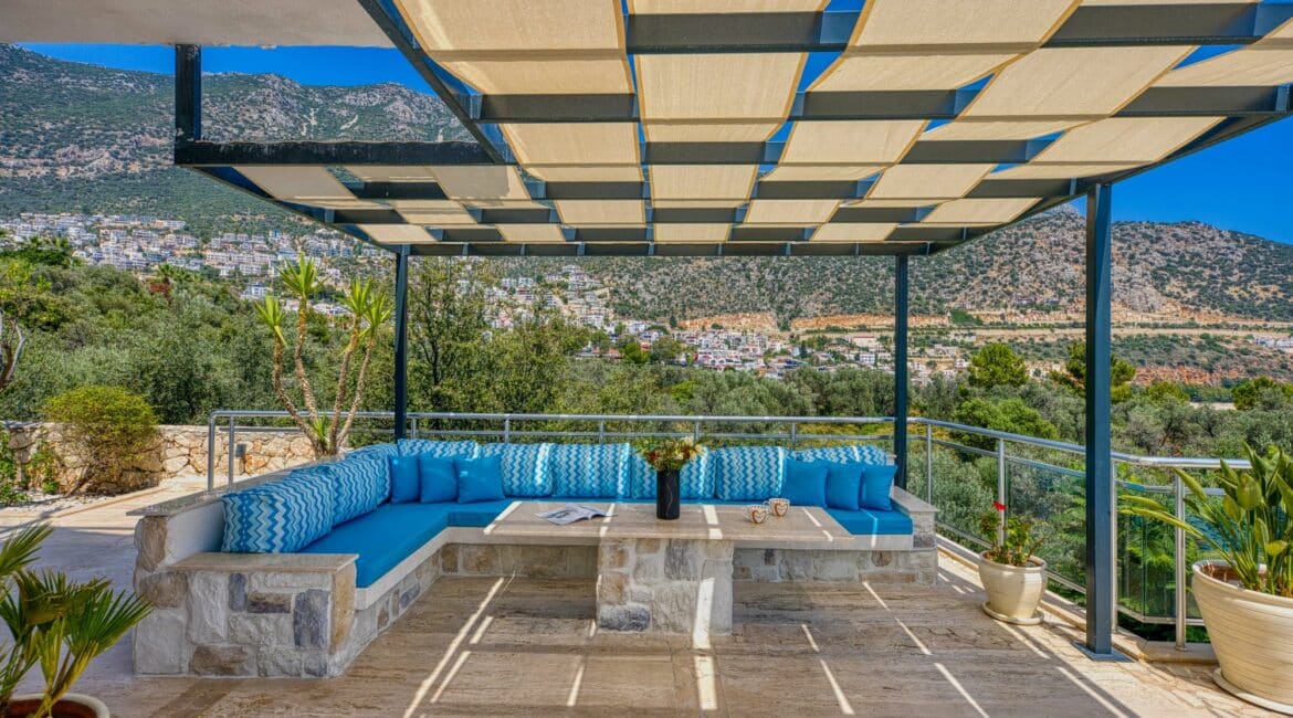 Villa Oasis Kalkan stunning alfresco sitting space under the shade of a pergola