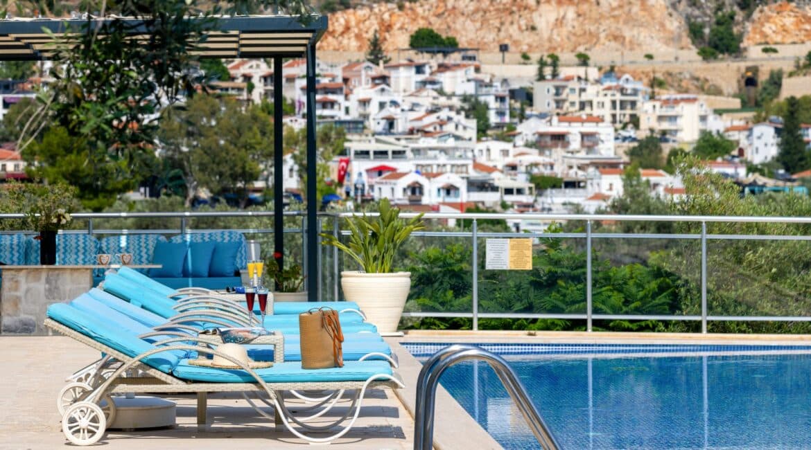 Villa Oasis Kalkan swimming pool seating area and views over Kalkan