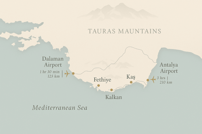 Map showing Kalkan’s location on Turkey’s Turquoise Coast between Dalaman, Fethiye, Kaş and Antalya.