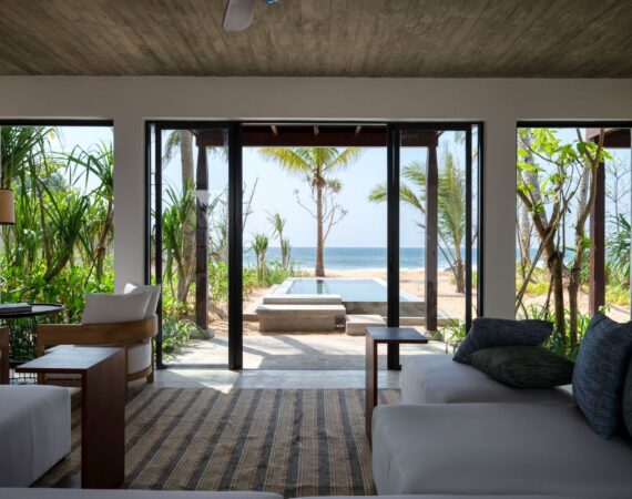 Bay View Pool Suite at Ahu Bay Sri Lanka with a private plunge pool, outdoor timber deck, tropical garden views, and elegant interior living space opening to the terrace.