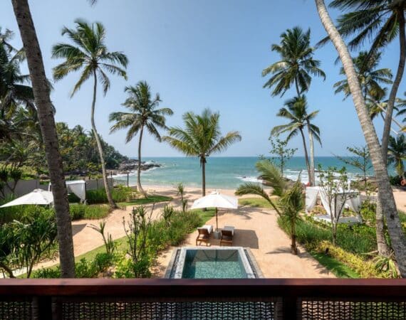 Gorgeous beach at Ahu Bay Sri Lanka with golden sand, palm trees, and gentle waves creating a tranquil coastal atmosphere.