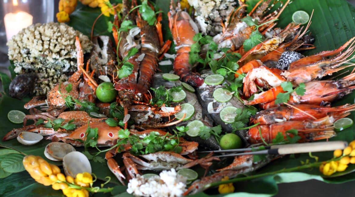 Coco Tangalla Hotel near Tangalle, Sri Lanka – vibrant platter of the freshest locally sourced seafood, artfully presented and ready to serve.