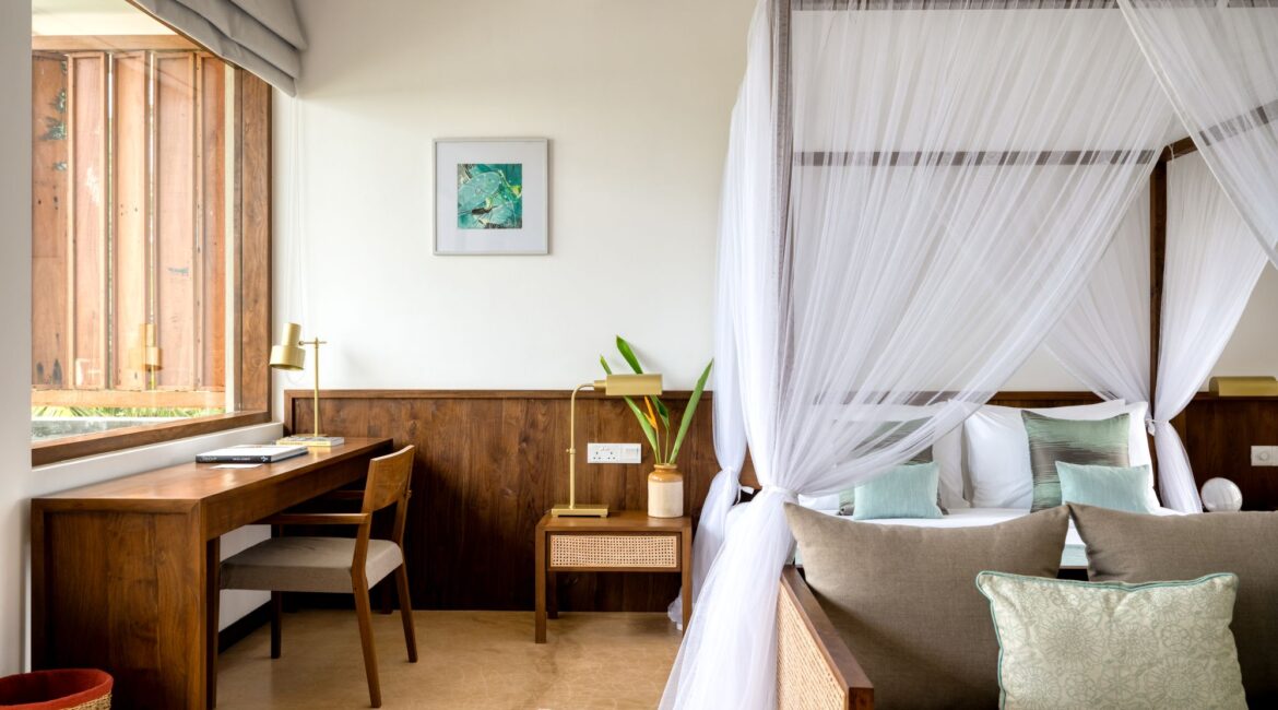 Kayaam House Sri Lanka – Palm View Room with elegant interior design featuring natural textures, soft lighting, and refined tropical decor.