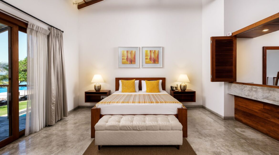 Deluxe Ocean Room at Lantern Boutique Hotel Sri Lanka beautifully appointed bedroom with stunning fixtures and fittings by day