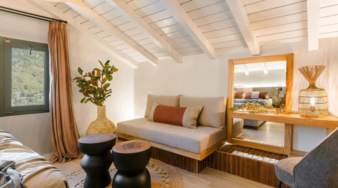 Quirky details master bedroom with modern boho interiors at Villa Nikolis, Braunis Horio, Assos, Kefalonia