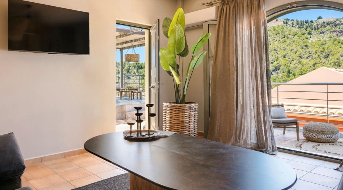 living space with boho accents at Villa Nikolis, Braunis Horio, Assos, Kefalonia