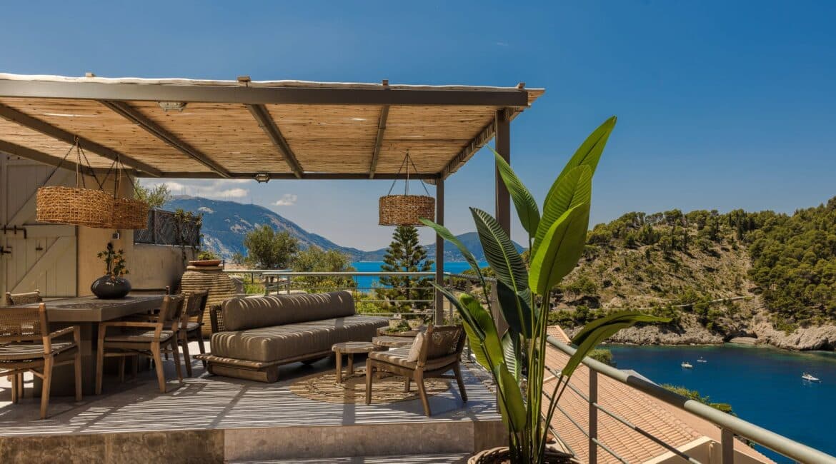 Balcony view of the Assos isthmus and turquoise Ionian waters from Villa Nikolis, Braunis Horio, Assos, Kefalonia.