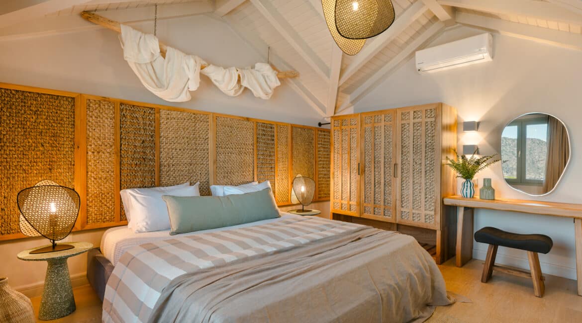 Villa Glaroni stylish double bedroom with boho interiors and sea views Braunis Horio Kefalonia