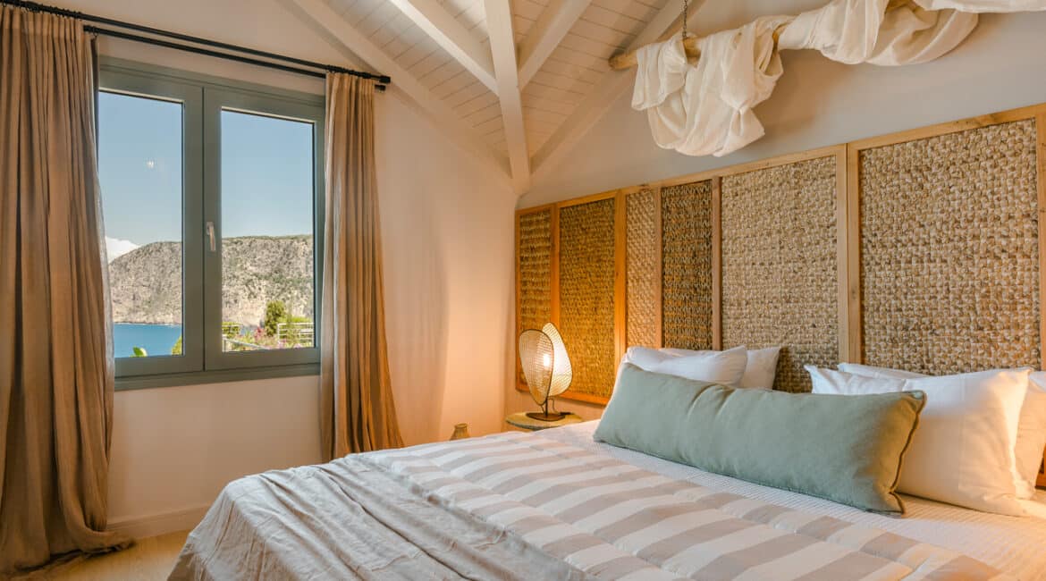 Villa Glaroni stunning double bedroom with boho interiors and sea views Braunis Horio Kefalonia