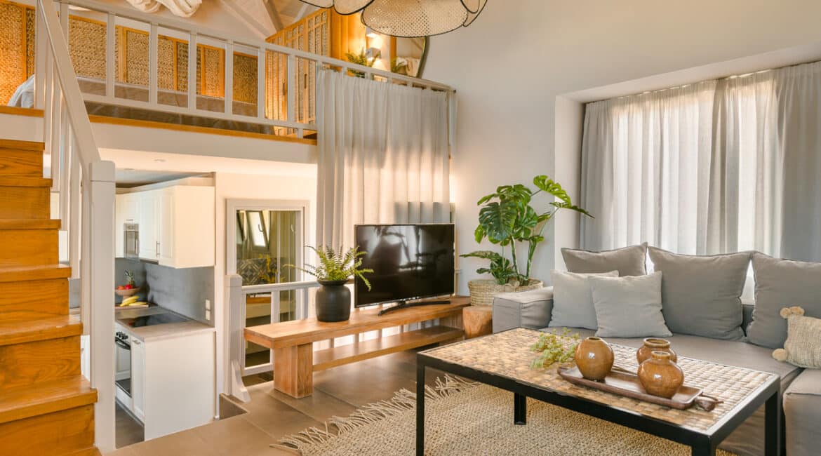 Villa Glaroni seamless open-plan layout blending living, dining, and kitchen Braunis Horio Kefalonia