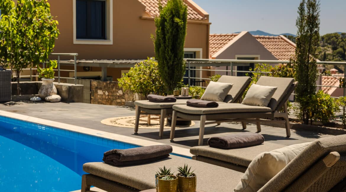 Villa Glaroni modern exteriors with stylish day beds Braunis Horio Kefalonia