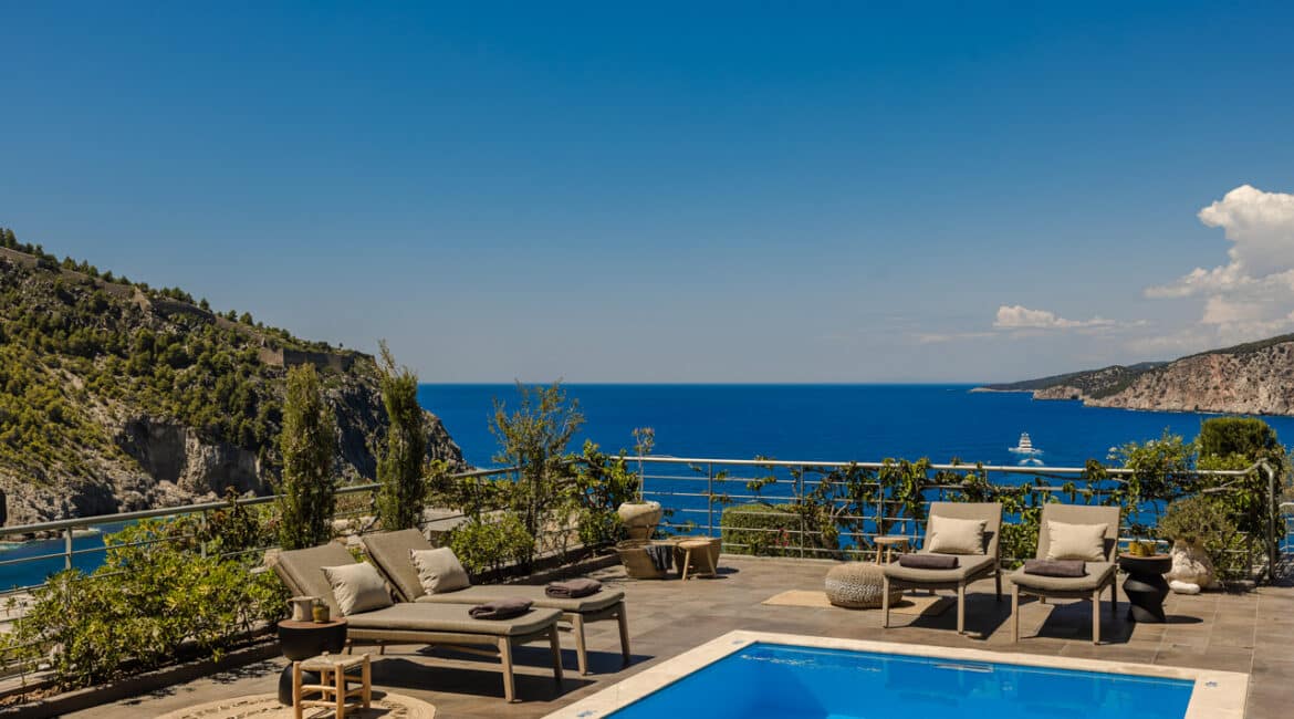 Villa Glaroni private poolside sun loungers with sea-facing views Braunis Horio Kefalonia
