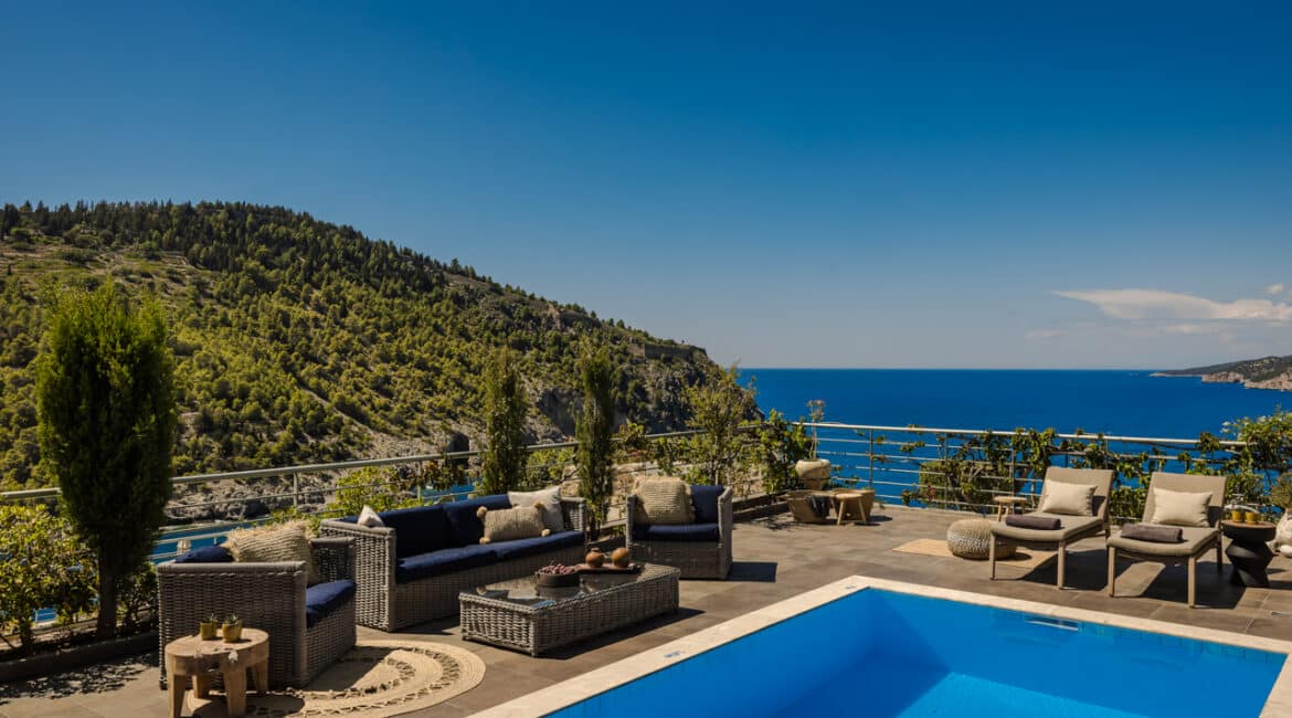 Villa Glaroni private poolside sun loungers with sea-facing views Braunis Horio Kefalonia