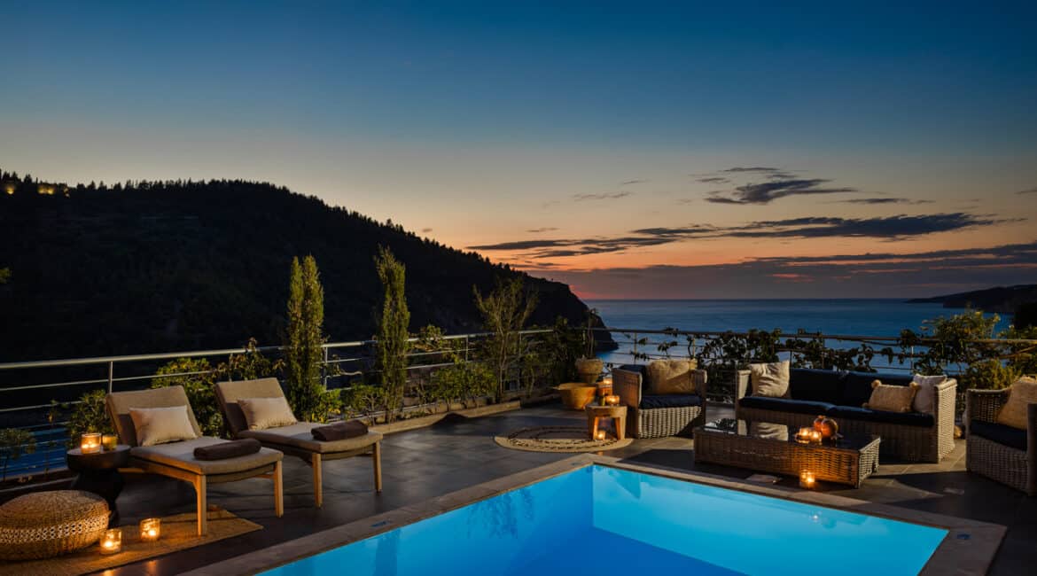 Villa Glaroni chic outdoor spaces with shimmering sea by night Braunis Horio Kefalonia