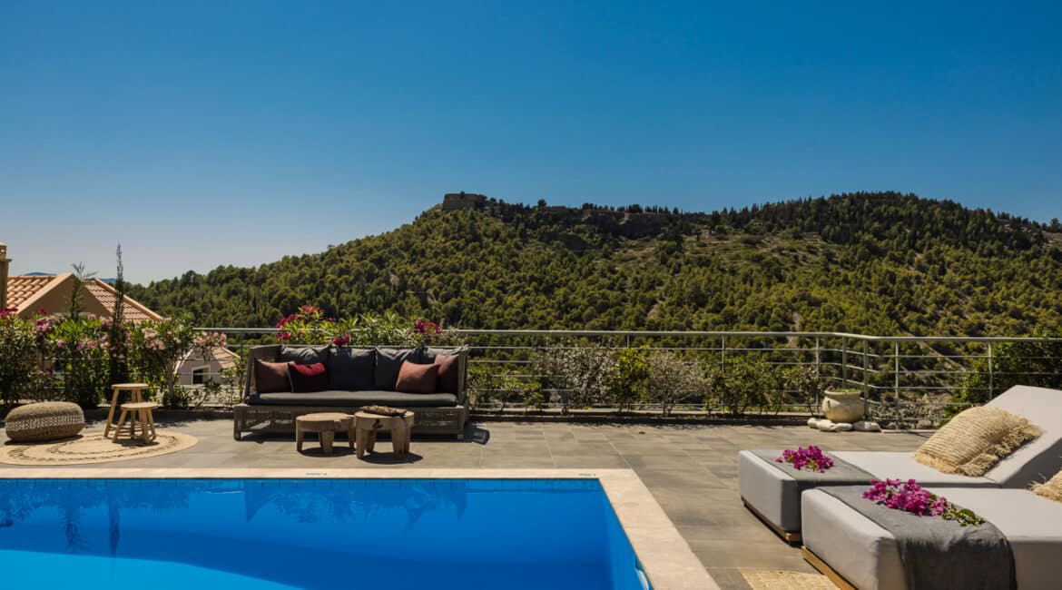 Villa Agapi outdoor pool surrounded by stylish terrace Braunis Horio Kefalonia