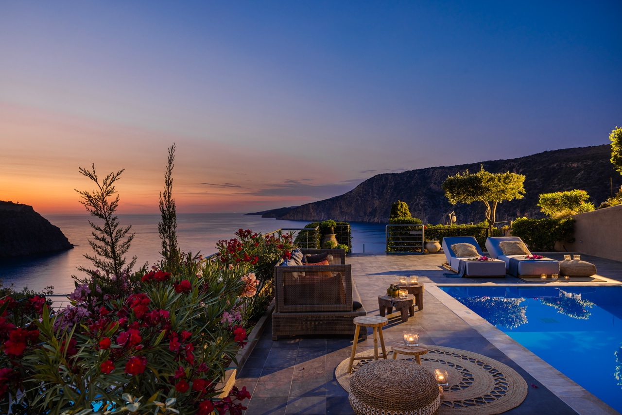 Villa Agapi swimming pool at sunset terrace with sun loungers Braunis Horio Kefalonia