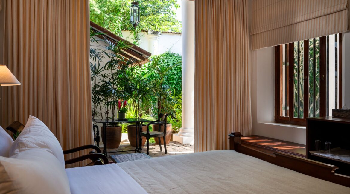 Landesi Galle Fort Sri Lanka Deluxe Room downstairs view to the garden from the bedroom